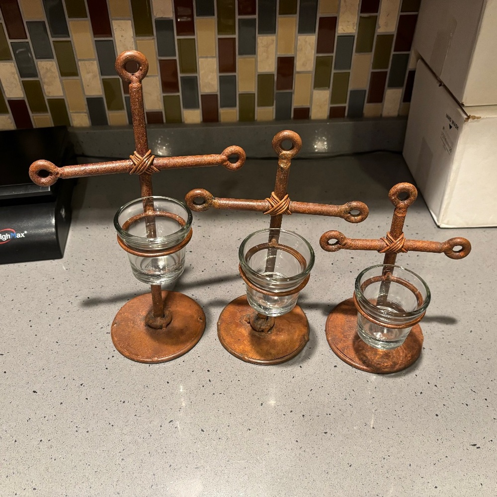 3 hand made cast iron cross votive candleholders